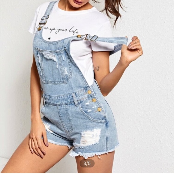 Ripped raw hem slant pocket denim overall - Picture 3 of 7